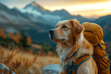 A dog accompanying a hiker on a mountain trail, symbolizing the loyal companionship and adventurous spirit of canine friends. Concept of hiking companions. Generative Ai.