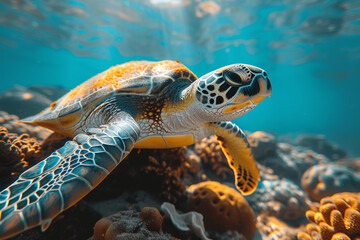 Fototapeta premium A turtle navigating through a pristine coral reef, highlighting the diversity and beauty of marine ecosystems. Concept of underwater exploration. Generative Ai.
