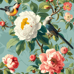 Vintage Beautiful Peonies And Wild Flowers Seamless Pattern Print Design-02 - 735429773