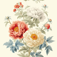 Vintage Beautiful Peonies And Wild Flowers Seamless Pattern Print Design-03 - 735429954