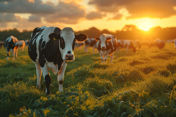 A group of cows peacefully grazing in a sunlit meadow, representing the tranquility and simplicity of rural life. Concept of pastoral serenity. Generative Ai.