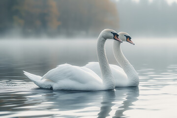 A pair of swans gliding across a serene lake, symbolizing love and fidelity in the natural world. Concept of graceful companionship. Generative Ai.