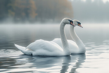 Fototapeta premium A pair of swans gliding across a serene lake, symbolizing love and fidelity in the natural world. Concept of graceful companionship. Generative Ai.