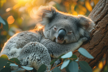 Obraz premium A koala nestled in the crook of a eucalyptus tree, embodying the laid-back lifestyle of these iconic Australian marsupials. Concept of arboreal relaxation. Generative Ai.