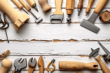 a group of woodworking tools on a white surface - obrazy, fototapety, plakaty