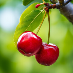 close-up of a fresh ripe cherry hang on branch tree. autumn farm harvest and urban gardening concept with natural green foliage garden at the background. selective focus - obrazy, fototapety, plakaty