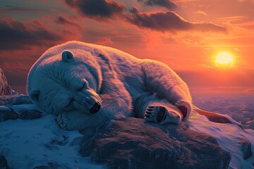 Polar bear sleeping at sunset. Climate change and global warming concept.