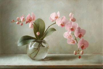 A delicate arrangement of blooming pink orchids presented in a clear glass vase, set against a soft, neutral background, conveying a sense of calmness and beauty.