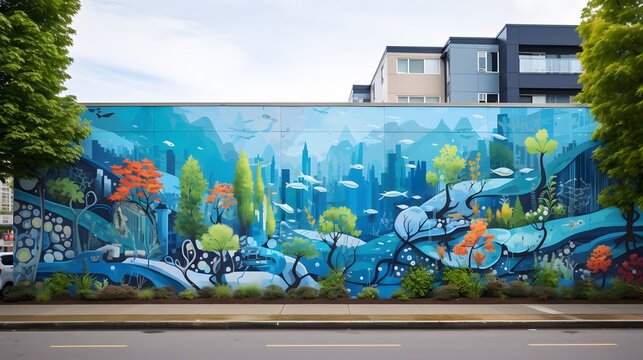 An AI-generated mural adorning the walls of a city street, telling a visual story of humanity's relationship with technology and the natural world.