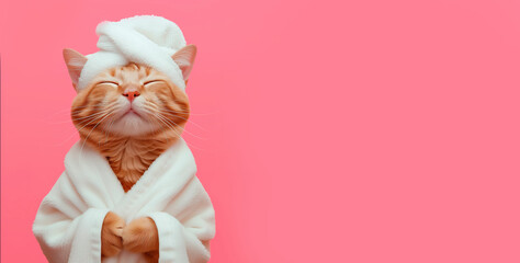 Cat with a towel on his head after a shower on a pink background. Copy space