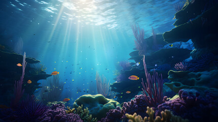Fototapeta na wymiar Underwater scene with coral reef underwater blue tropical seabed with reef and sunbeam,, Captivating underwater world, wide angle shot of the magical beauty beneath the sea Pro Photo
