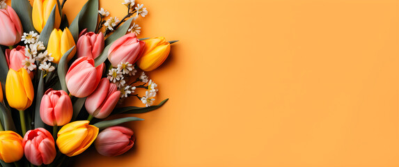 Bouquet of tulips on a yellow background, copy space