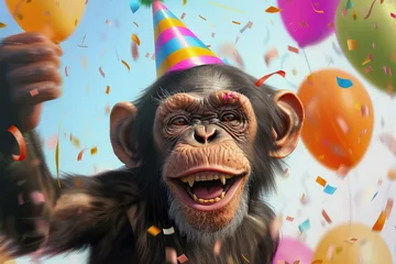 Zelfklevend Fotobehang A funny monkey is celebrating its birthday. Happy birthday! © Simon