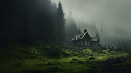 A dark house in a forest with a tree on the left side.
