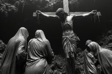 Staging of The women weeping at the foot of the cross, expressing the deep sorrow and compassion for Jesus in his final moments. Concept of lamentation. Generative Ai. - obrazy, fototapety, plakaty