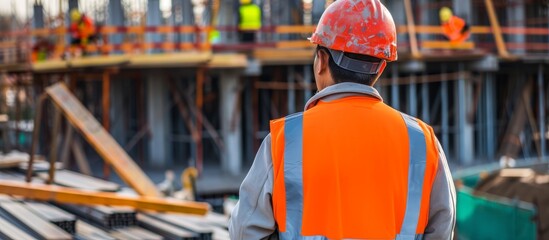 Obraz premium Confident construction worker wearing hard hat and vest at work site