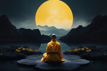 a man sitting on a rock looking at the moon - obrazy, fototapety, plakaty