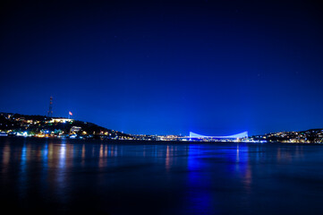 Night view of the bridge over the Bosphorus. Istanbul Türkiye.