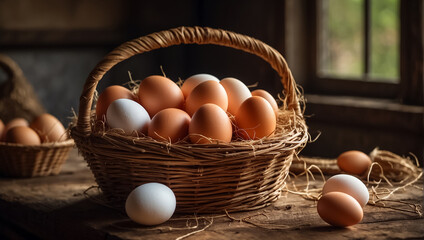 Fresh eggs in a basket in the kitchen