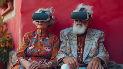 Portrait of a funny elderly married couple both wearing VR headsets on their heads, with colorful and cheerful shirts, in front of a warm pink background.