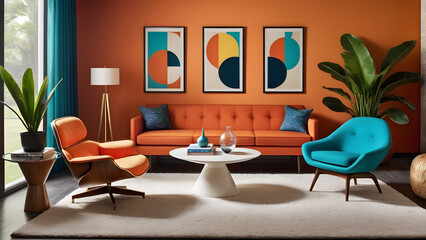 Obraz premium interior design,Mid-Century Modern: Retro-inspired furniture, organic shapes, and vibrant colors for a timeless yet trendy look.