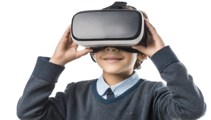 Boy using virtual reality headset. Future technology concept. Isolated on transparent background