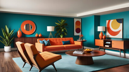 interior design,Mid-Century Modern: Retro-inspired furniture, organic shapes, and vibrant colors for a timeless yet trendy look.