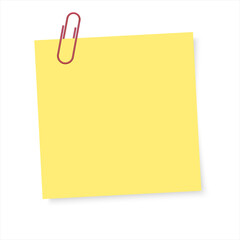 Realistic clip with yellow paper for your text. Red Paperclip with note memo. Color notepaper with paperclip for reminder in school, office and home. Note with paper clip, isolated on white background