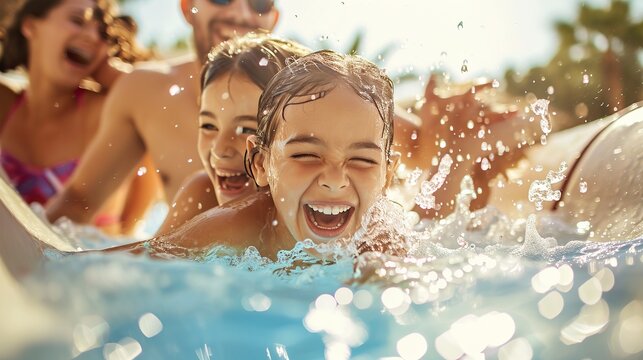 Children splash with pleasure and laughter in the pool in sunny summer weather
