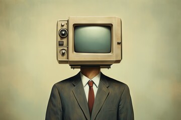 Man in suit with vintage TV for a head against beige background. Concept of media influence, information overload, screen time, digital identity, corporate communication, and retro technology.