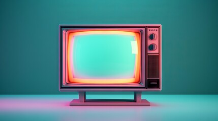Vintage television with vibrant screen glow. Green background. Concept of retro tech, media nostalgia, classic design, and entertainment history. - obrazy, fototapety, plakaty