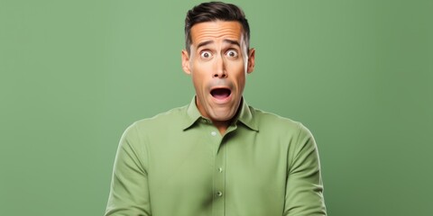 Obraz premium Man with shocked expression, wide eyes. open mouth. Green backdrop. Concept of astonishment, surprise reaction, unexpected events, and unexpected news. Wide banner