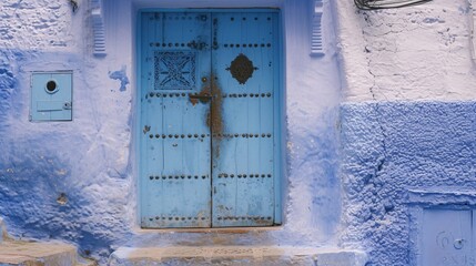 a blue door with a metal handle