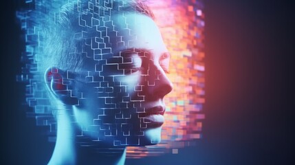 Profile of a person with digital fragmentation. Concept of AI evolution, data privacy, cyber identity, digital identity, virtual reality, and futuristic technology.