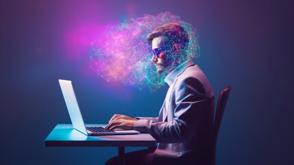 Man with glowing brain graphic using laptop. Concept of brainstorming, innovation, artificial intelligence, and technology.