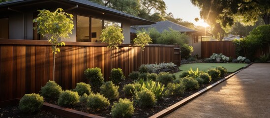 Contemporary wooden fencing contrasts with a traditional