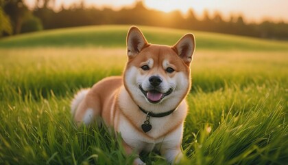Naklejka na ściany i meble Shiba inu dog, dog at dawn, purebred dog in nature, happy dog, beautiful dog