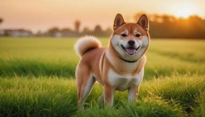 Shiba inu dog, dog at dawn, purebred dog in nature, happy dog, beautiful dog