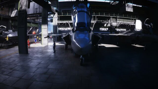 Production of military fighter jet f 35 at the factory. Military factory weapon. Realistic 4k animation.
