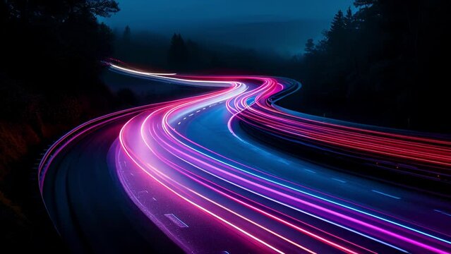 Swirling and merging the tail lights of multiple cars form a beautiful symphony of colorful light trails on the dark road.