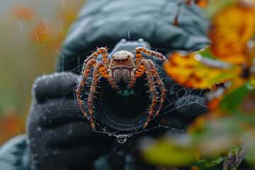 A photographer capturing the intricate details of a dew-covered spider web, highlighting the beauty in nature's small wonders. Concept of macro photography. Generative Ai. - Powered by Adobe