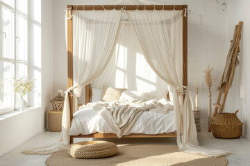 Fototapeta na wymiar Canopy bed in boho style bedroom. Bed with flowing white curtains. Generative AI