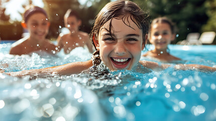 Children splash with pleasure and laughter in the pool in sunny summer weather