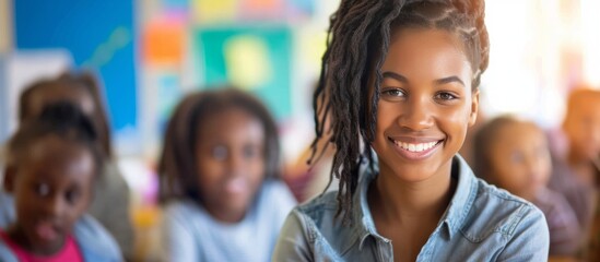 Happy young schoolgirl with a bright smile and positive attitude sitting in a colorful classroom environment