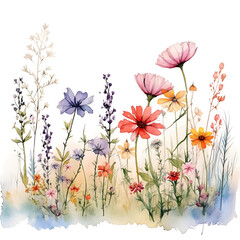 Abstract Vivid Watercolor Masterpiece Featuring an Array of Petite Wildflowers Blooming Against a Pure White Canvas