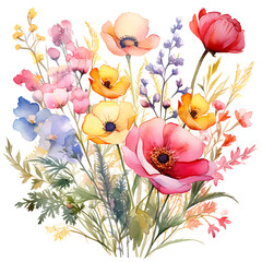 Abstract Vivid Watercolor Masterpiece Featuring an Array of Petite Wildflowers Blooming Against a Pure White Canvas