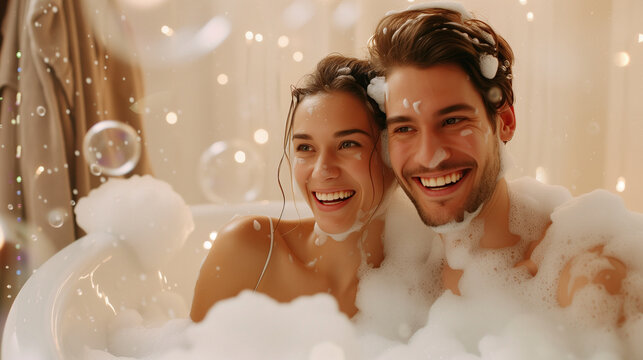 Lovely couple bath together in soap foam and bubbles in bathroom