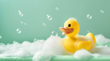Yellow rubber duck floating in bath with soap foam and bubbles