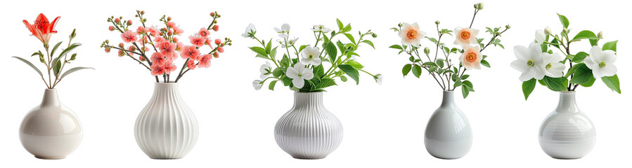 Decorative flowers in porcelain pots on a transparent or white background generative ai
