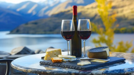 A picturesque scene unfolds on a table adorned with two glasses of wine and a selection of cheese, set against the backdrop of majestic mountains and a serene lake, evoking a sense of tranquility and